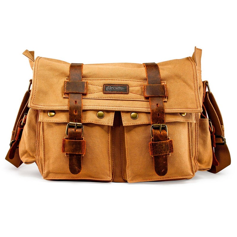 GEARONIC Men and Women Messenger Bag 15'' Laptop Satchel Vintage Rucksack Shoulder Leather Crossbody - Image 1
